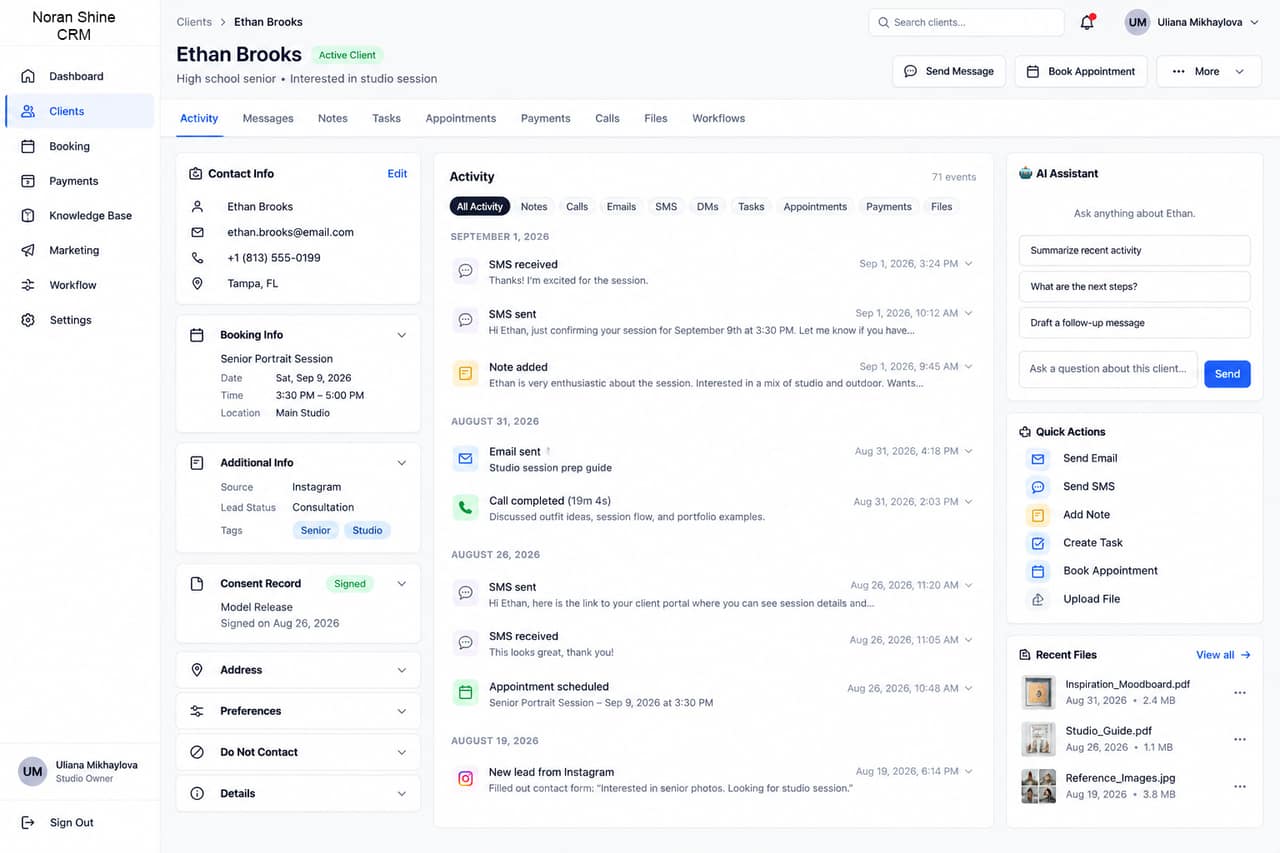 Client record showing contact details, booking info, tags, a signed consent record, and a full activity timeline of calls, emails, and texts.
