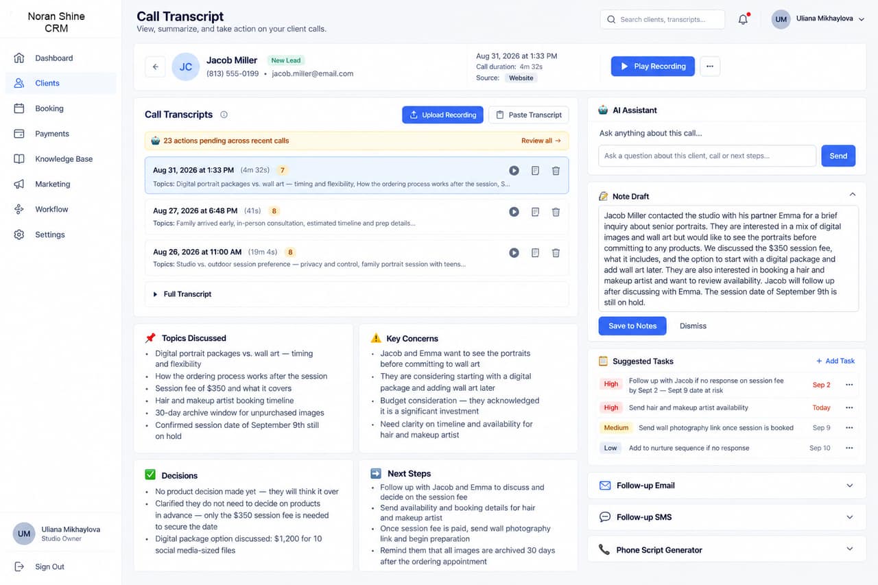 Call transcript screen for a client call, with an AI-generated note draft, key concerns and next steps, and suggested follow-up email, SMS, and phone-script actions ready to send.