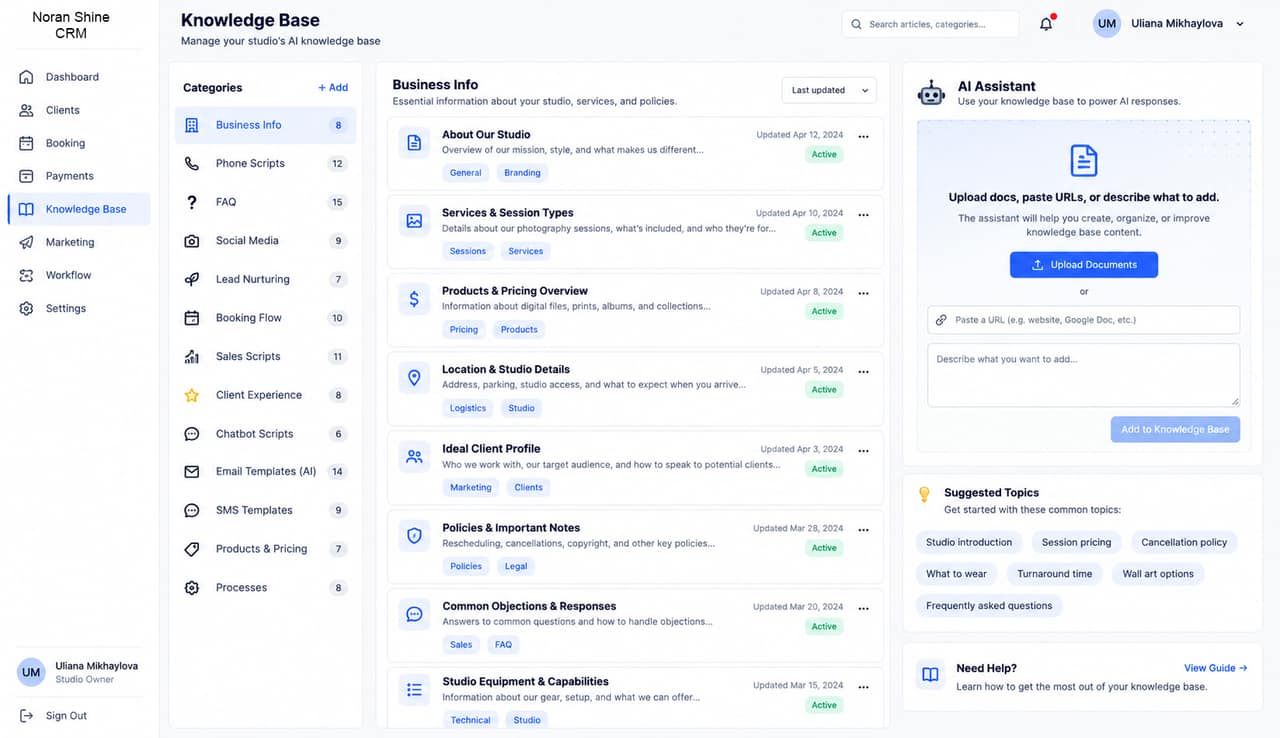 Knowledge Base screen listing organized categories like Business Info, FAQ, and Email Templates, next to an assistant panel to upload documents, paste a URL, or describe what to add.